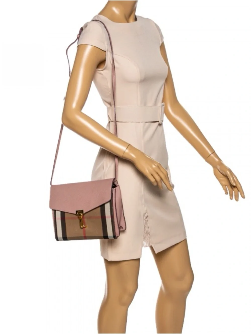 Blush Pink Burberry Crossbody Bag with Striped Canvas Accent
